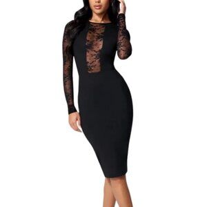 Bebe Womens Lace Inset Midi Bodycon Dress Deep Jet Black L New